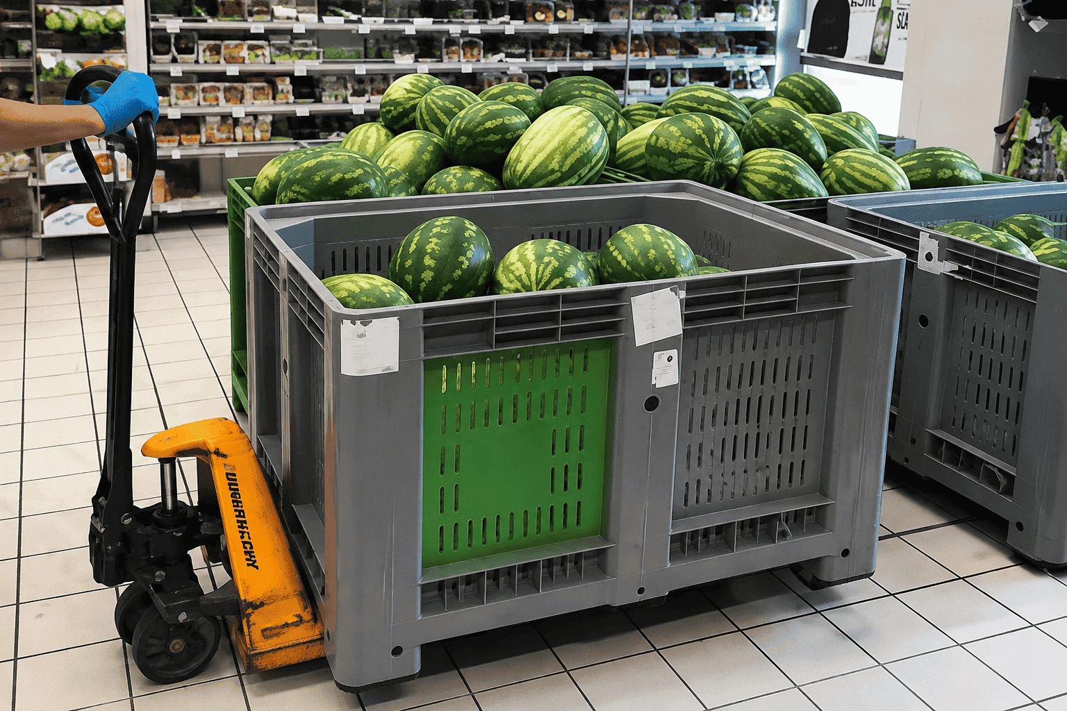 Watermelon-Bulk-Container-Pallet-Jack-Handling Watermelon-Bulk-Container-Pallet-Jack-Handling